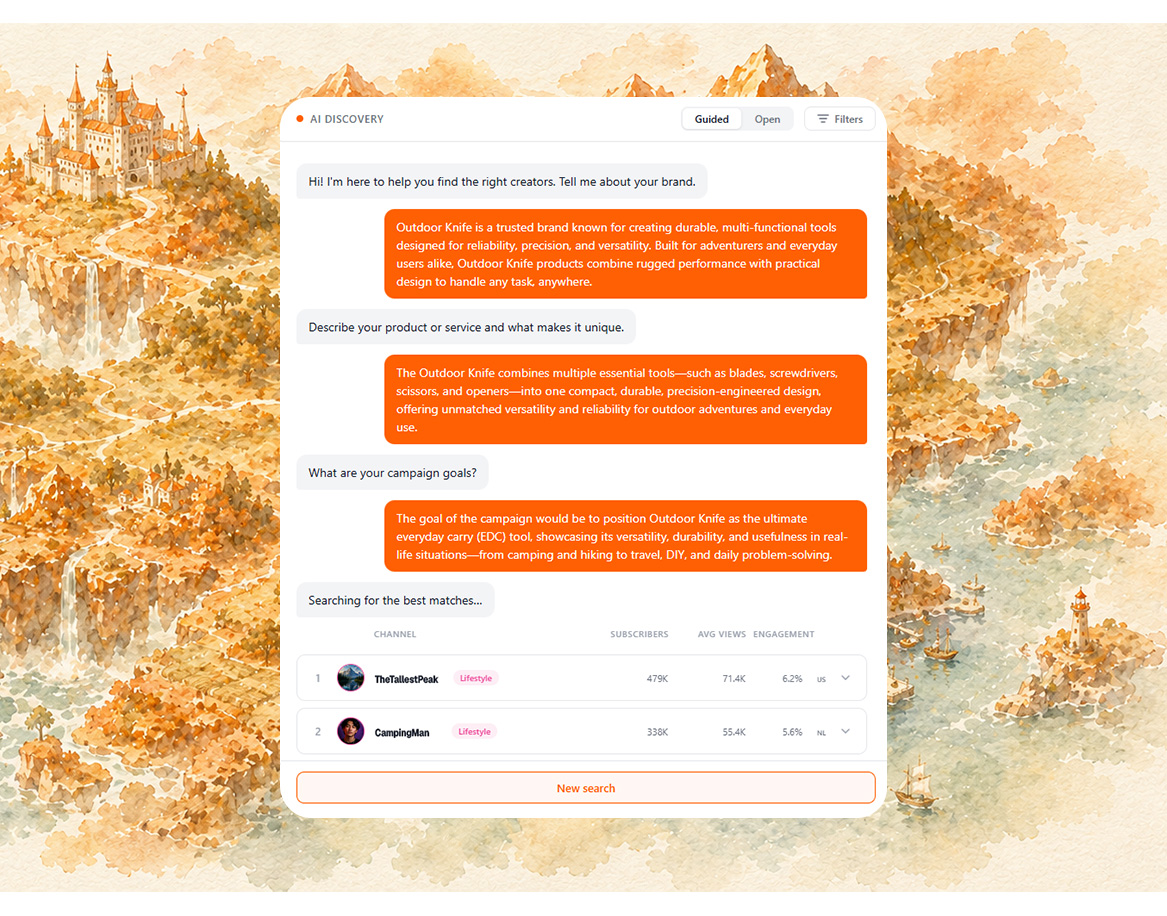 CreatorMap guided influencer search — AI discovers perfect YouTube influencers from your brand brief, USP and campaign goals