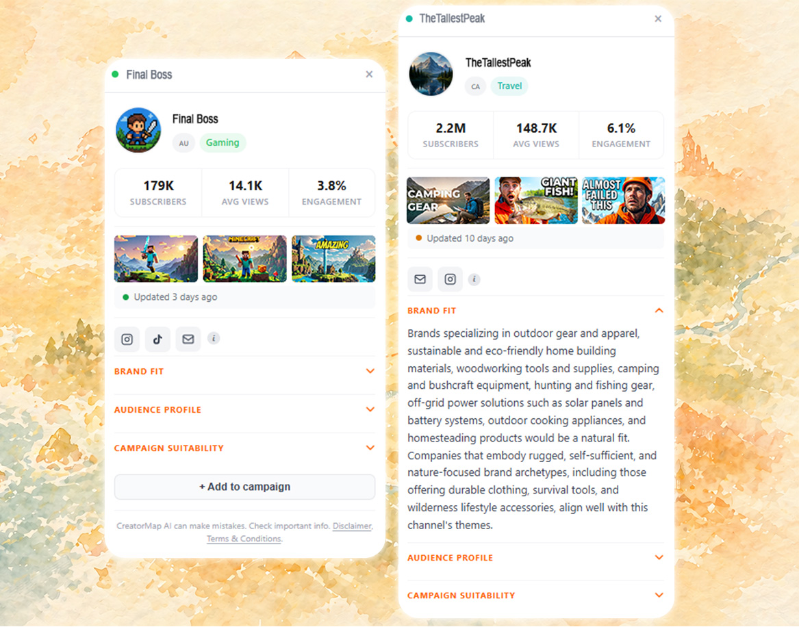 CreatorMap influencer profile with AI quick analysis — brand alignment, target audience and campaign goal scoring