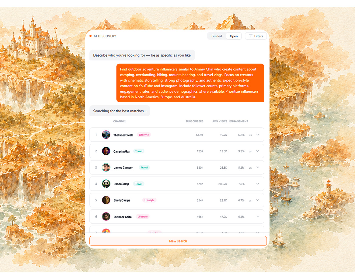 CreatorMap open influencer search — describe your ideal YouTube creator and get AI-ranked influencer results