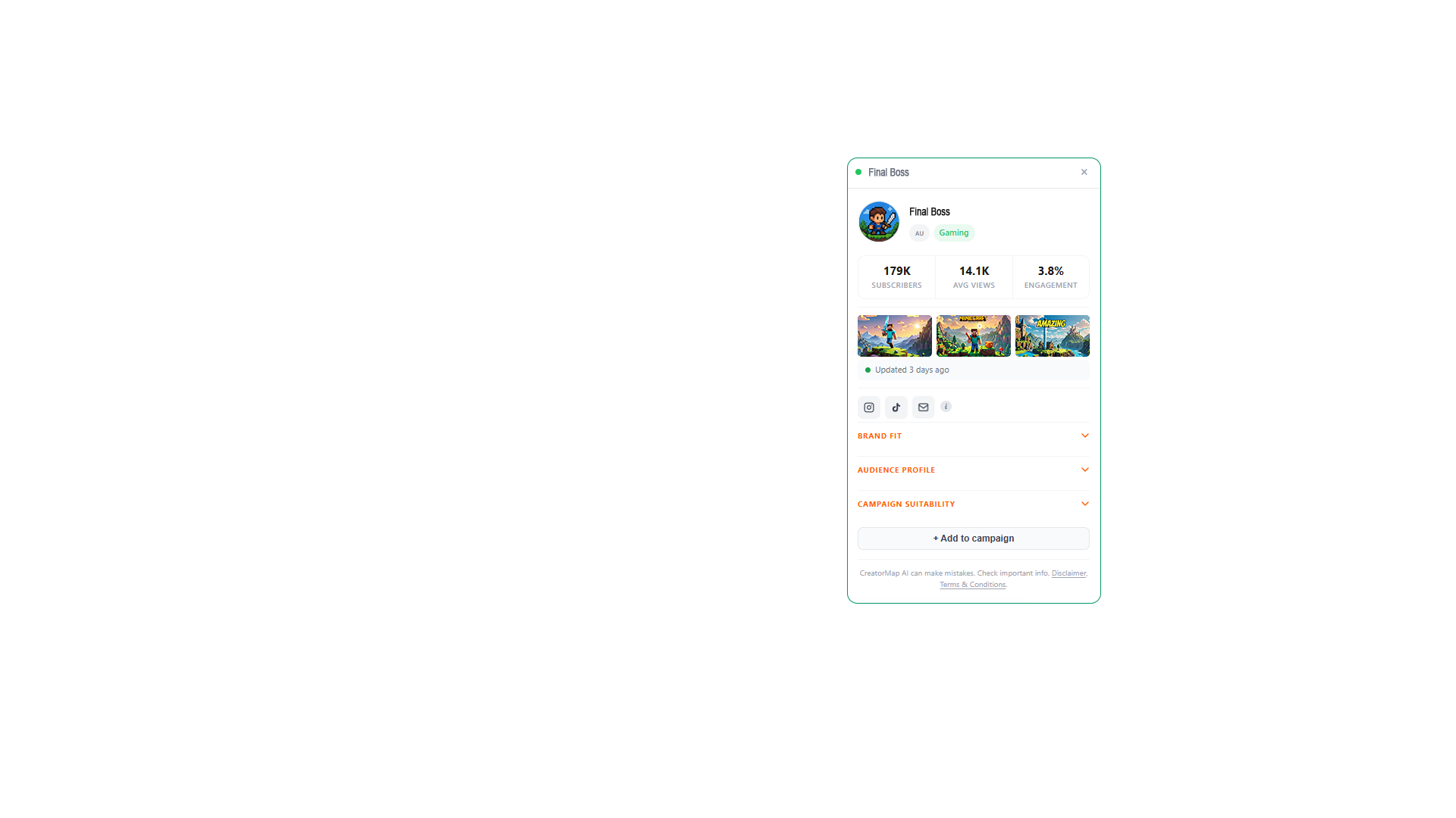 CreatorMap AI search showing chat interface and creator profile results