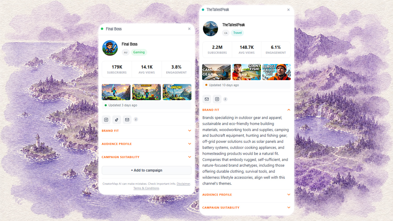 CreatorMap side-by-side YouTube creator comparison — evaluate audience demographics, engagement quality, and content themes in one view