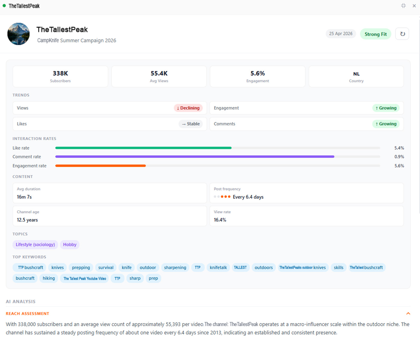 CreatorMap platform preview — YouTube influencer discovery and creator evaluation dashboard